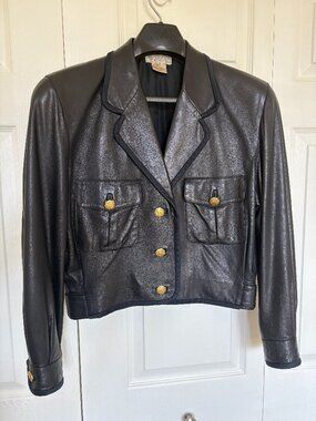Vintage 1980s Gucci Black Leather Silk Trim Crest Button Jacket - IT 44 / US 8